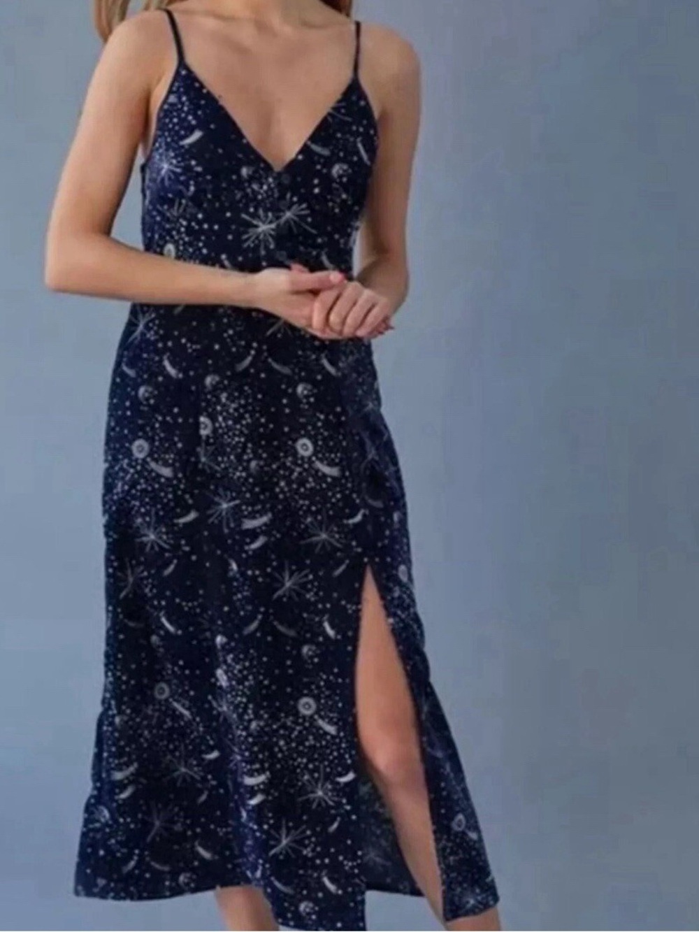 Urban Outfitters Navy Celestial Slip Midi Dress XS Y2K Gothic Romance Astrology